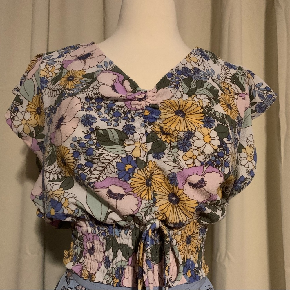 Monteau Purple and Yellow Flutter Sleeve Blouse with Tie Front